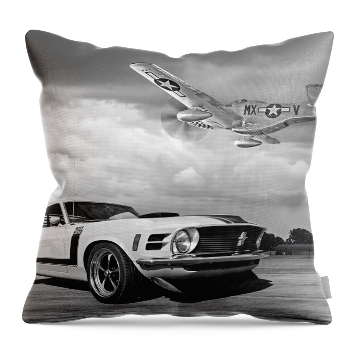 Ford Mustang Throw Pillow featuring the photograph 1970 Boss 302 Mustang With P-51 Black And White by Gill Billington