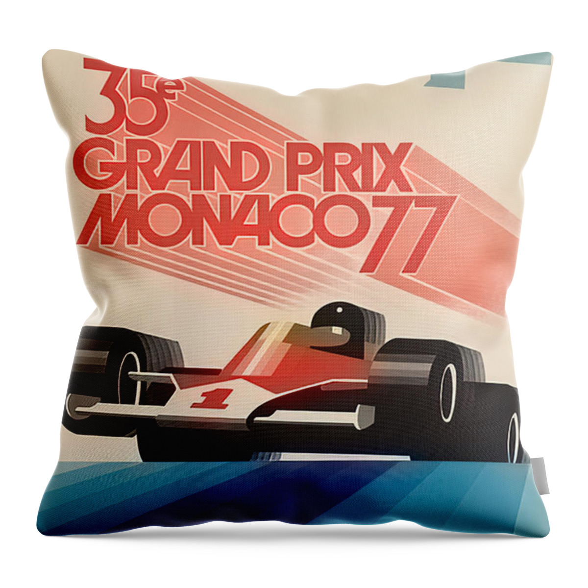 Vintage Throw Pillow featuring the mixed media 1977 35th Monaco Grand Prix Racing Poster Featuring Ferrari by Retrographs