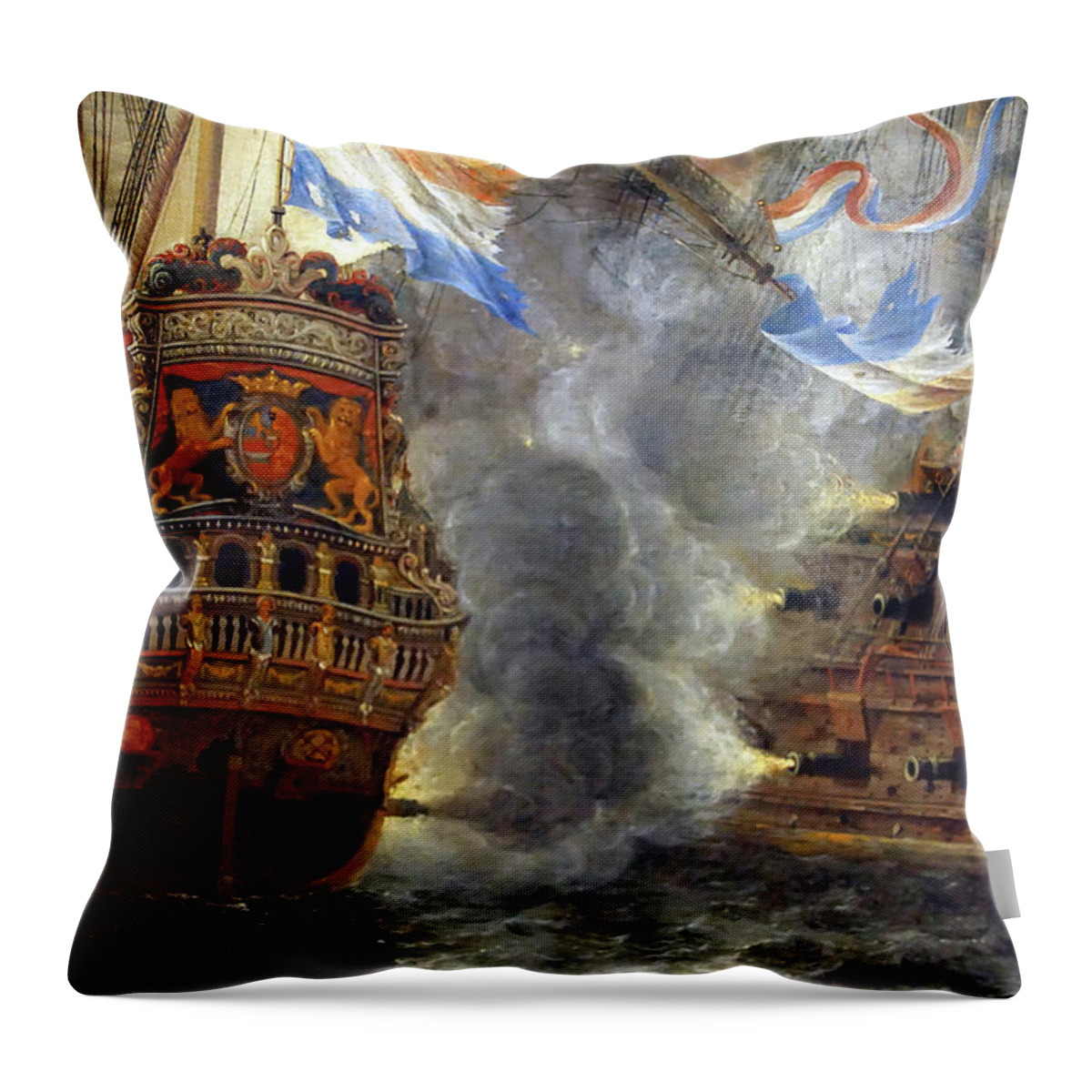 1653 Throw Pillow featuring the photograph Battle of Terheide painting, 1653 of the Anglo Dutch Wars #2 by Steve Estvanik