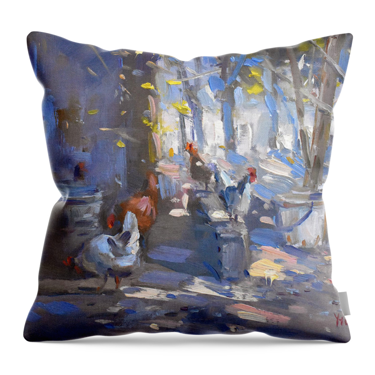 Garden Throw Pillow featuring the painting Chickens at Lidas Garden #2 by Ylli Haruni
