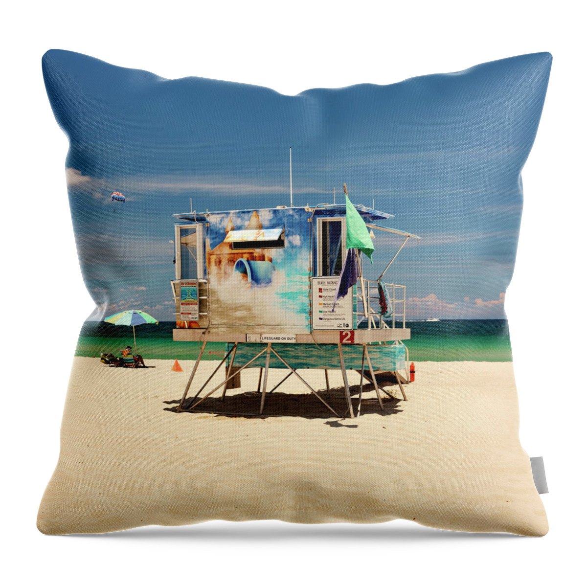 Estock Throw Pillow featuring the digital art Florida, South Florida, Fort Lauderdale Beach, Lifeguard Station With Tourists Parasailing #2 by Gabriel Jaime Jimenez