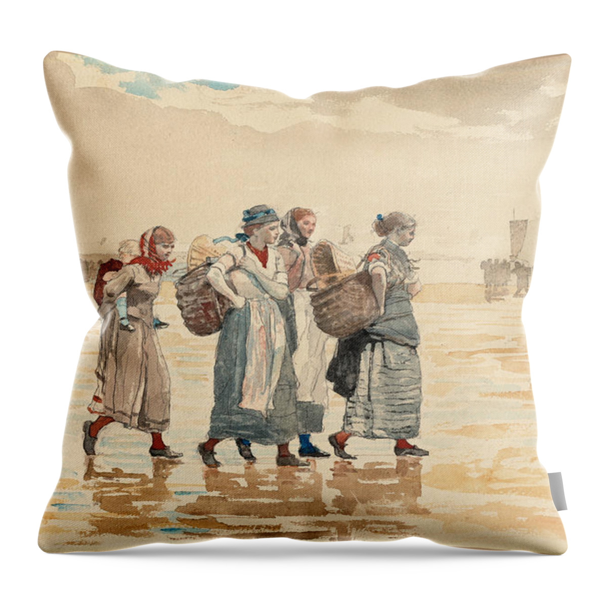 Winslow Homer Throw Pillow featuring the drawing Four Fishwives on the Beach #4 by Winslow Homer