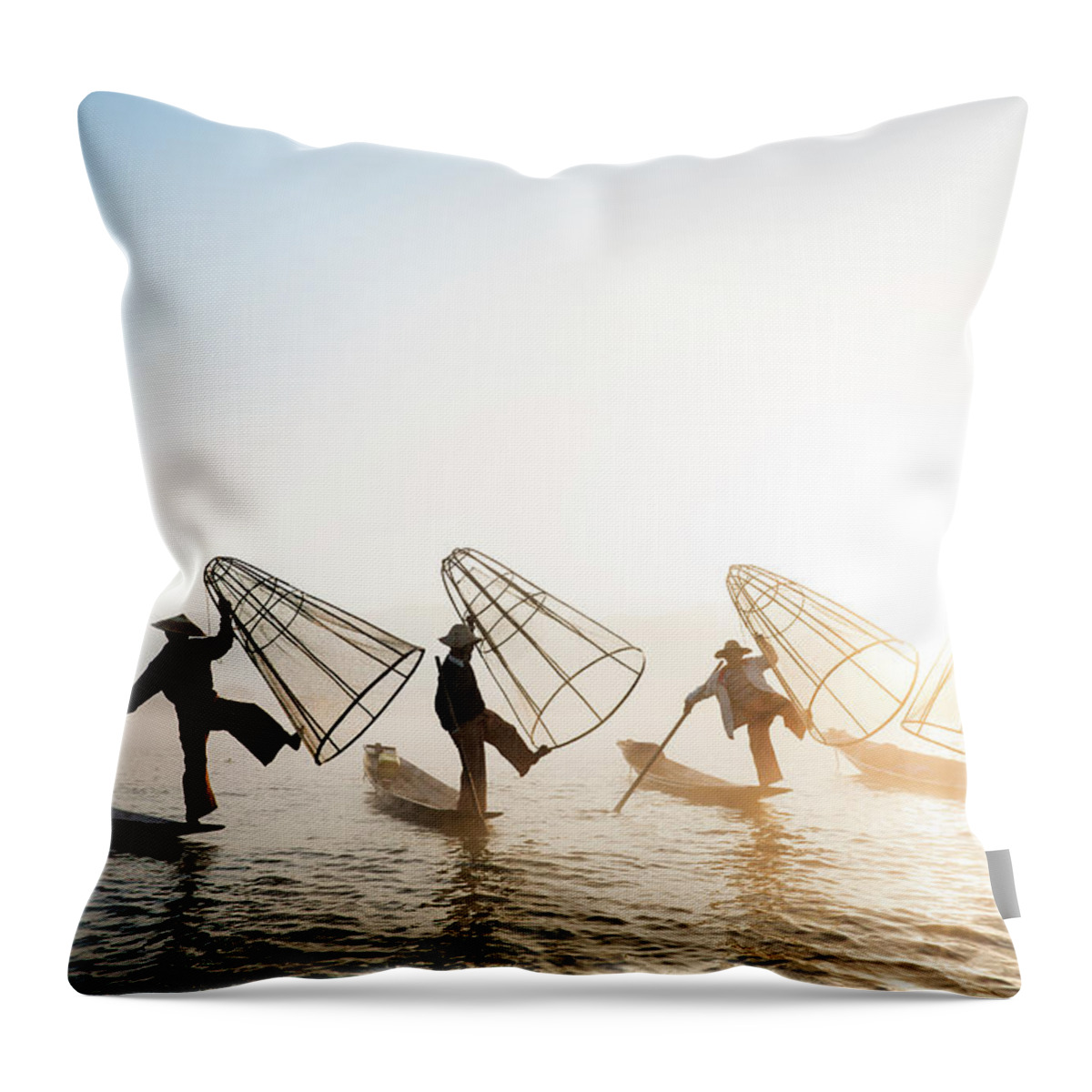 Estock Throw Pillow featuring the digital art Myanmar, Fishermen On Inle Lake #2 by Jordan Banks