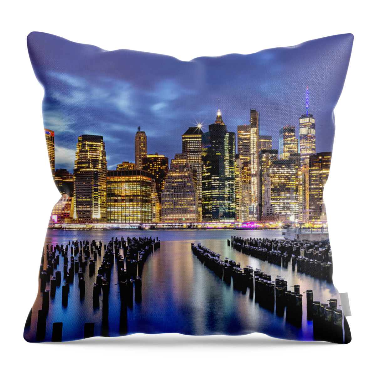 Estock Throw Pillow featuring the digital art New York City, Downtown Skyline Seen From Brooklyn #2 by Lumiere