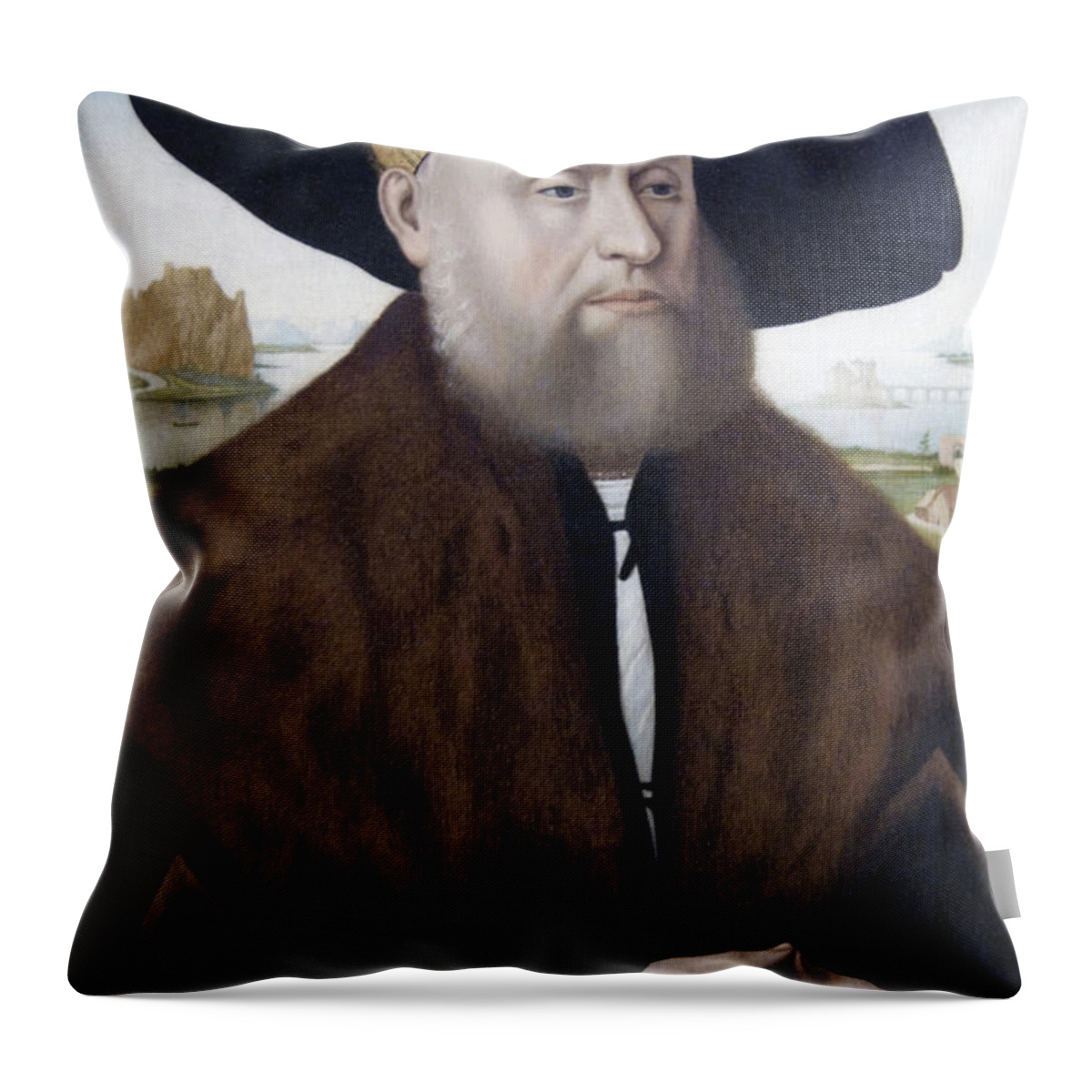 German Throw Pillow featuring the painting Portrait of a Member of the vom Rhein Family #2 by Conrad Faber Von Creuznach