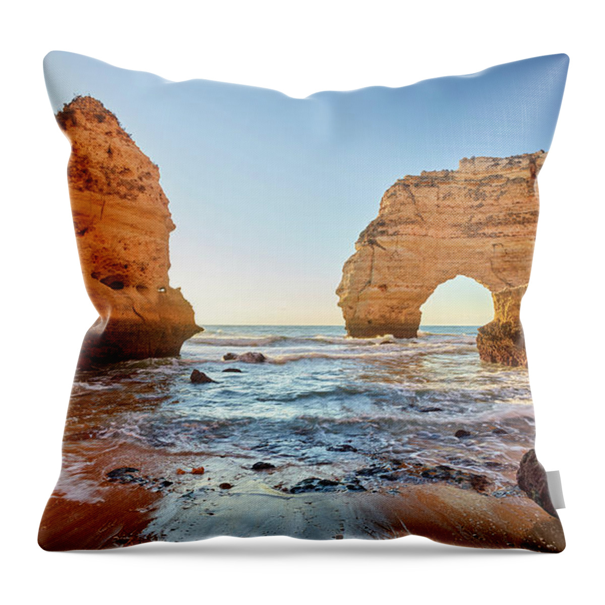 Estock Throw Pillow featuring the digital art Portugal, Faro, Lagoa, Atlantic Ocean, Algarve, Rocky Coast At Praia Da Mesquita #2 by Rainer Mirau