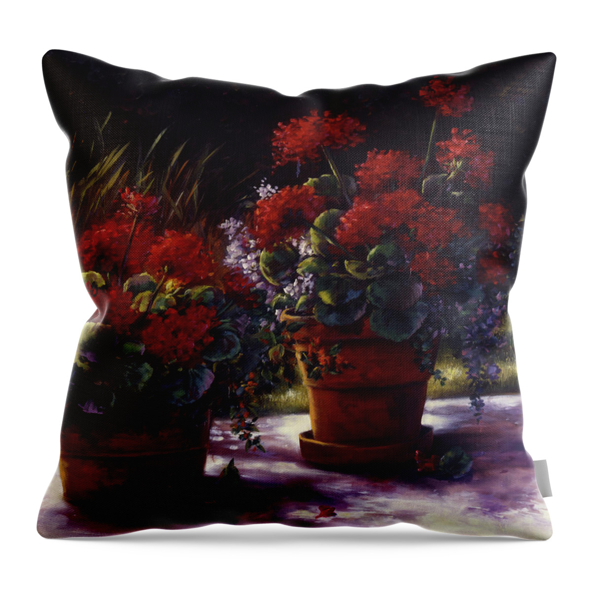 Red Throw Pillow featuring the painting Red Geranium Pots by Lynne Pittard