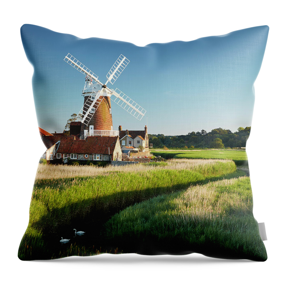 Estock Throw Pillow featuring the digital art United Kingdom, England, Norfolk, Great Britain, North Sea, Holkham National Nature Reserve, British Isles, Cley Next The Sea, Cley Windmill #2 by Richard Taylor