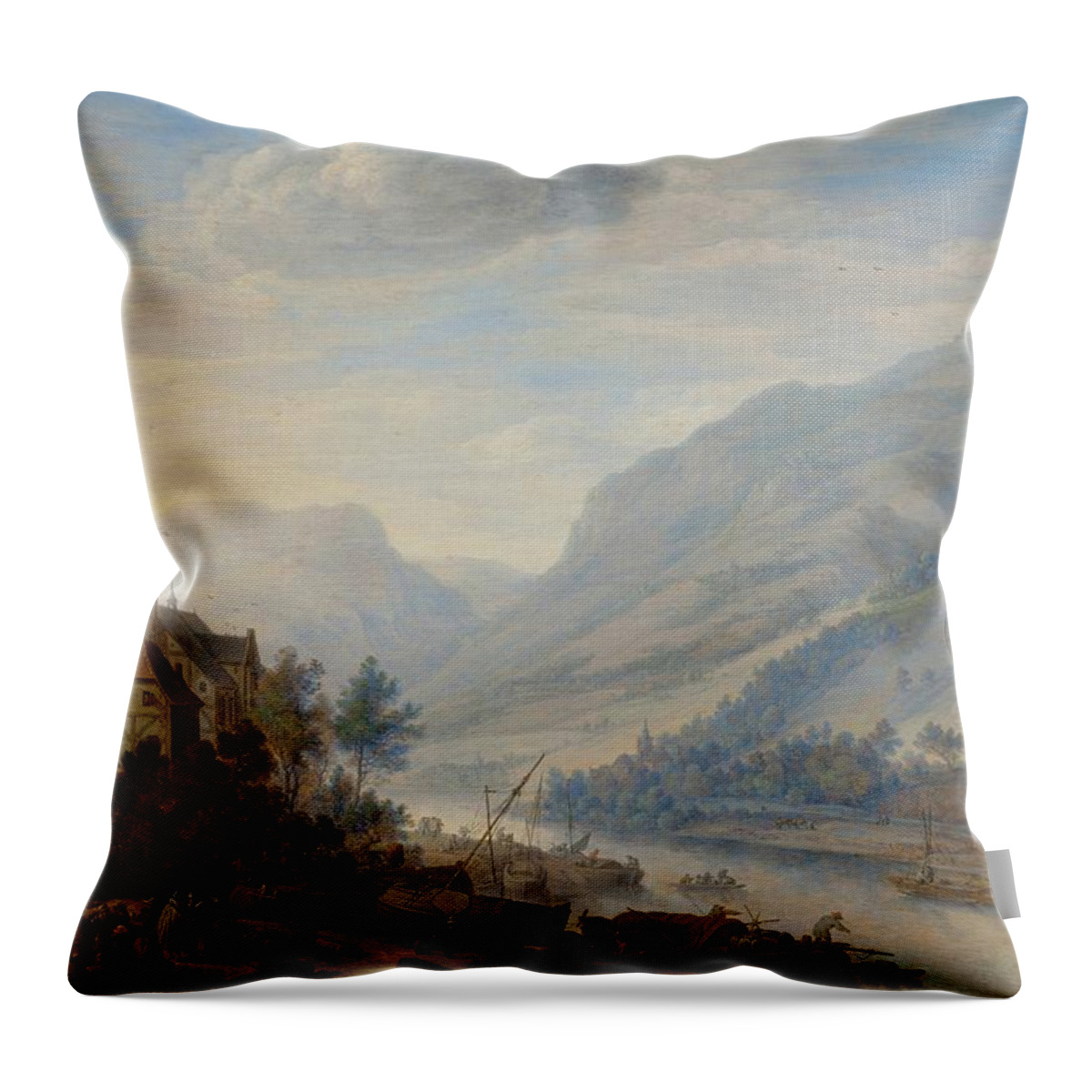 Landscape Throw Pillow featuring the painting View Of The Rhine At Reineck by Herman Saftleven
