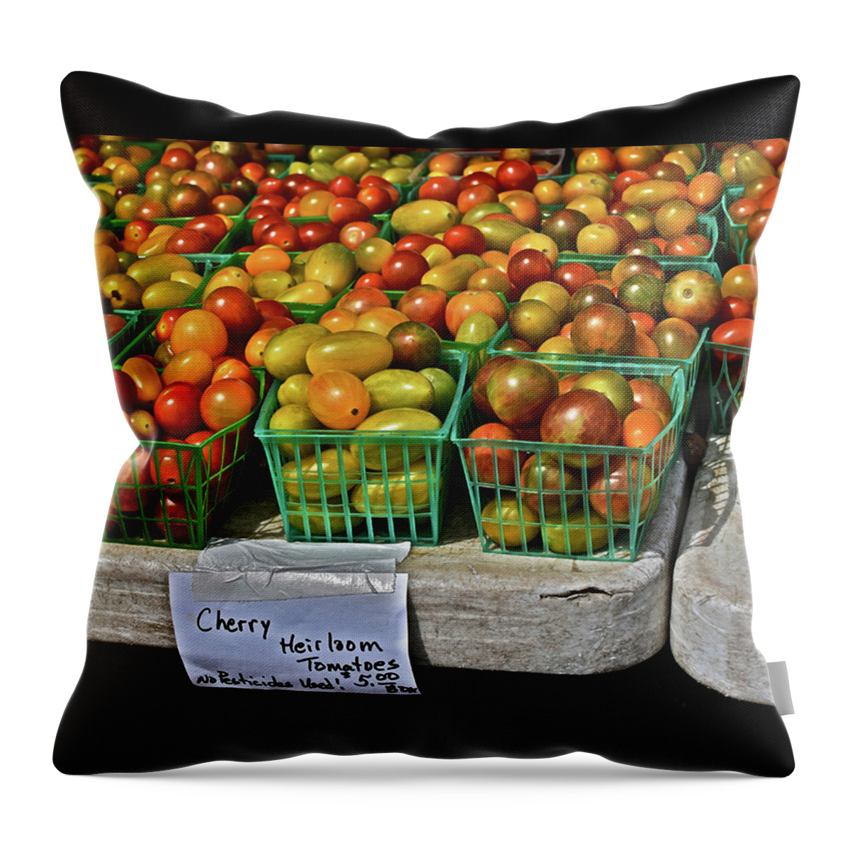 Cherry Tomatoes Throw Pillow featuring the photograph 2019 Monona Farmers' Market July Cherry Tomatoes by Janis Senungetuk