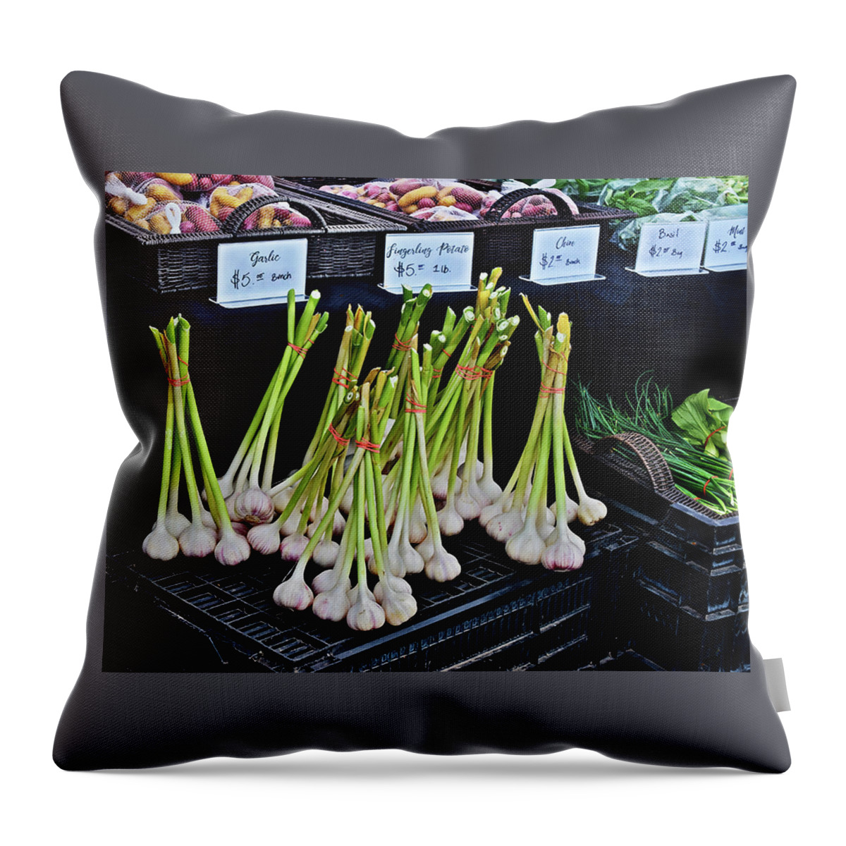 Vegetables Throw Pillow featuring the photograph 2019 Monona Farmers' Market July Vegetables by Janis Senungetuk