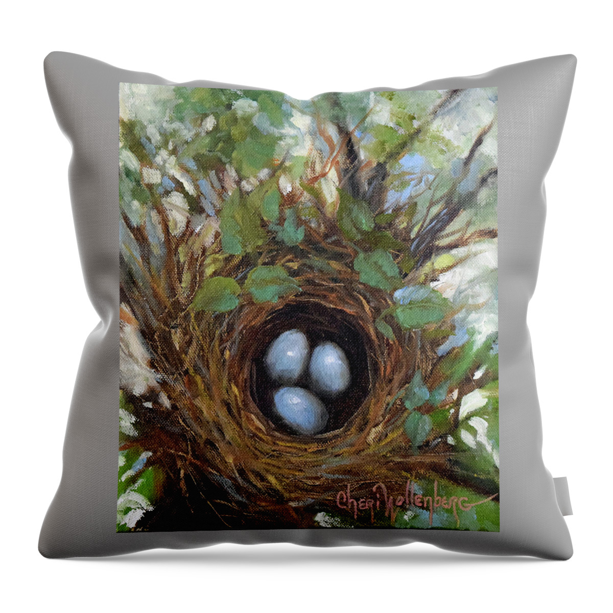 Robins Eggs Throw Pillow featuring the painting 2019 Spring Bird Nest I by Cheri Wollenberg