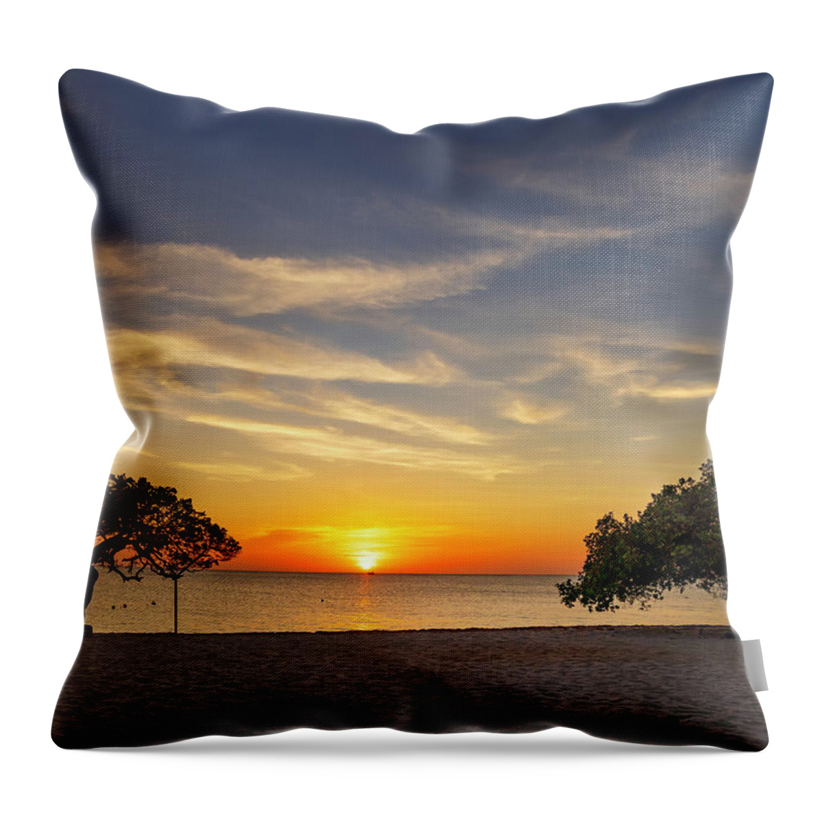 Estock Throw Pillow featuring the digital art Aruba, Eagle Beach Scene With Fofoti Tree #3 by Claudia Uripos