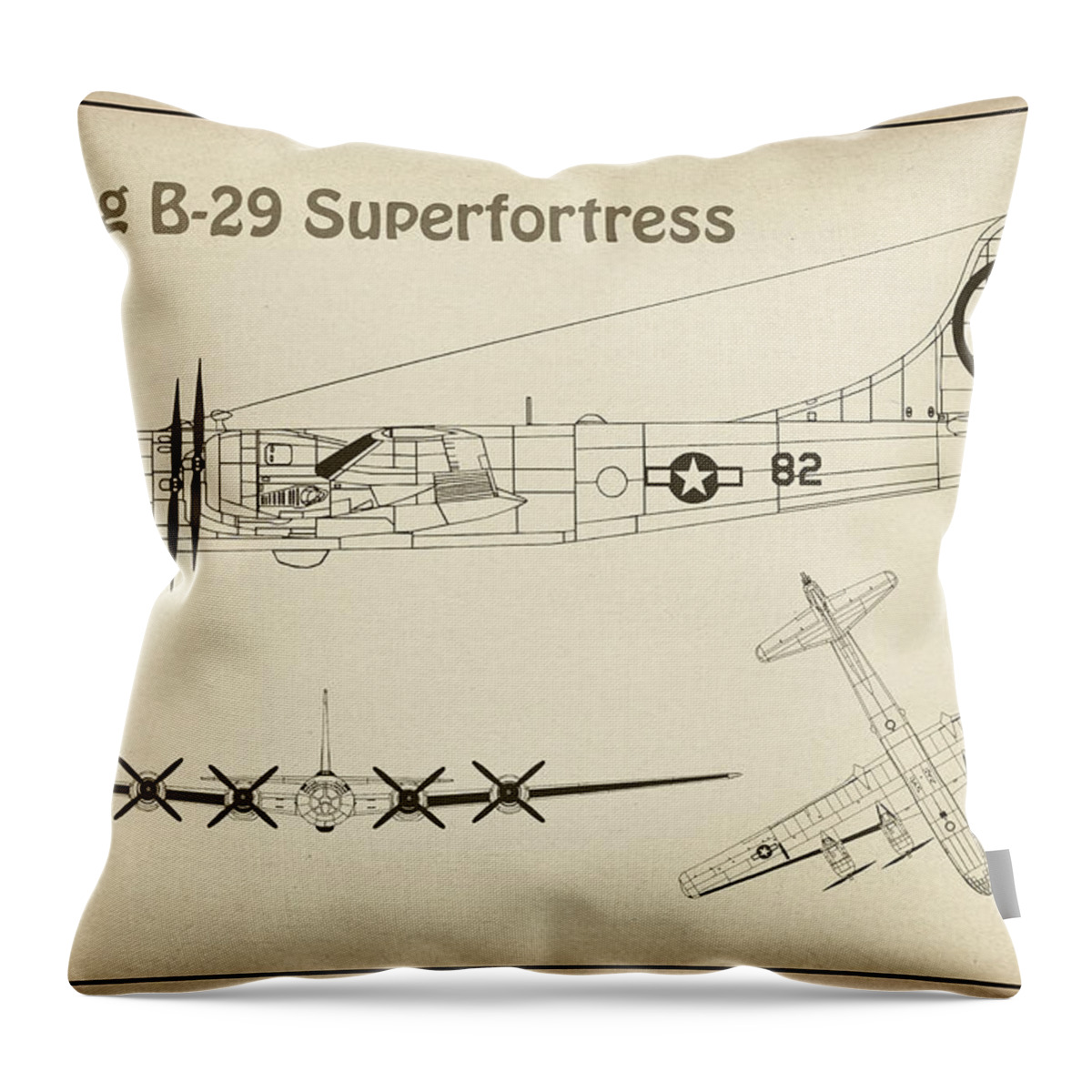 B-29 Throw Pillow featuring the drawing B-29 Superfortress Enola Gay - Airplane Blueprint. Drawing Plans for the Boeing B-29 Superfortress #3 by SP JE Art