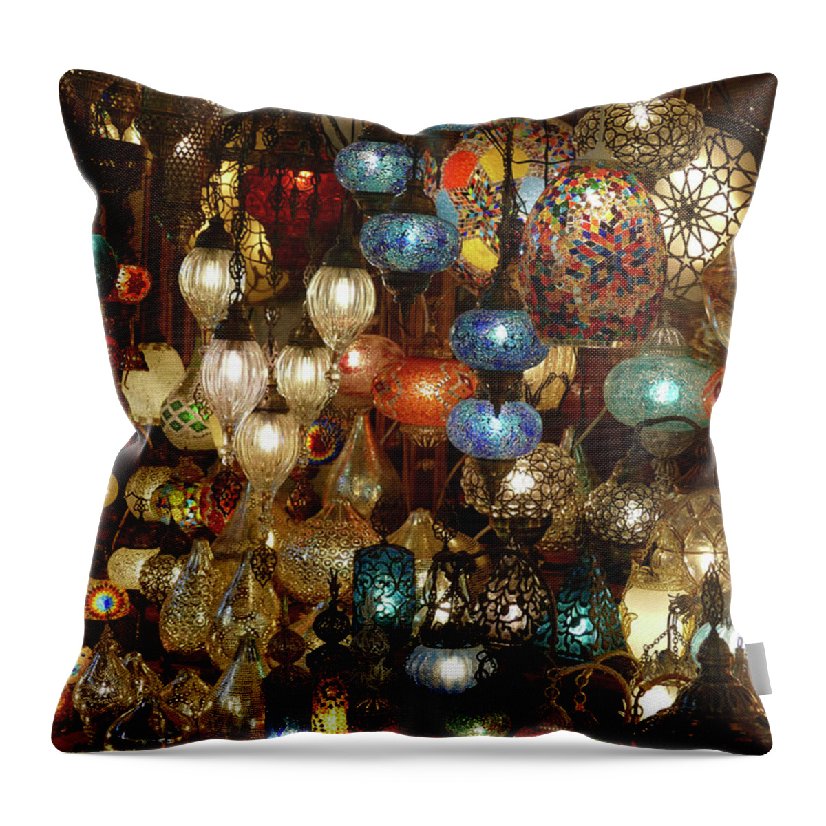 Grand Bazaar Throw Pillow featuring the photograph Exquisite glass lamps and lanterns in the Grand Bazaar #3 by Steve Estvanik