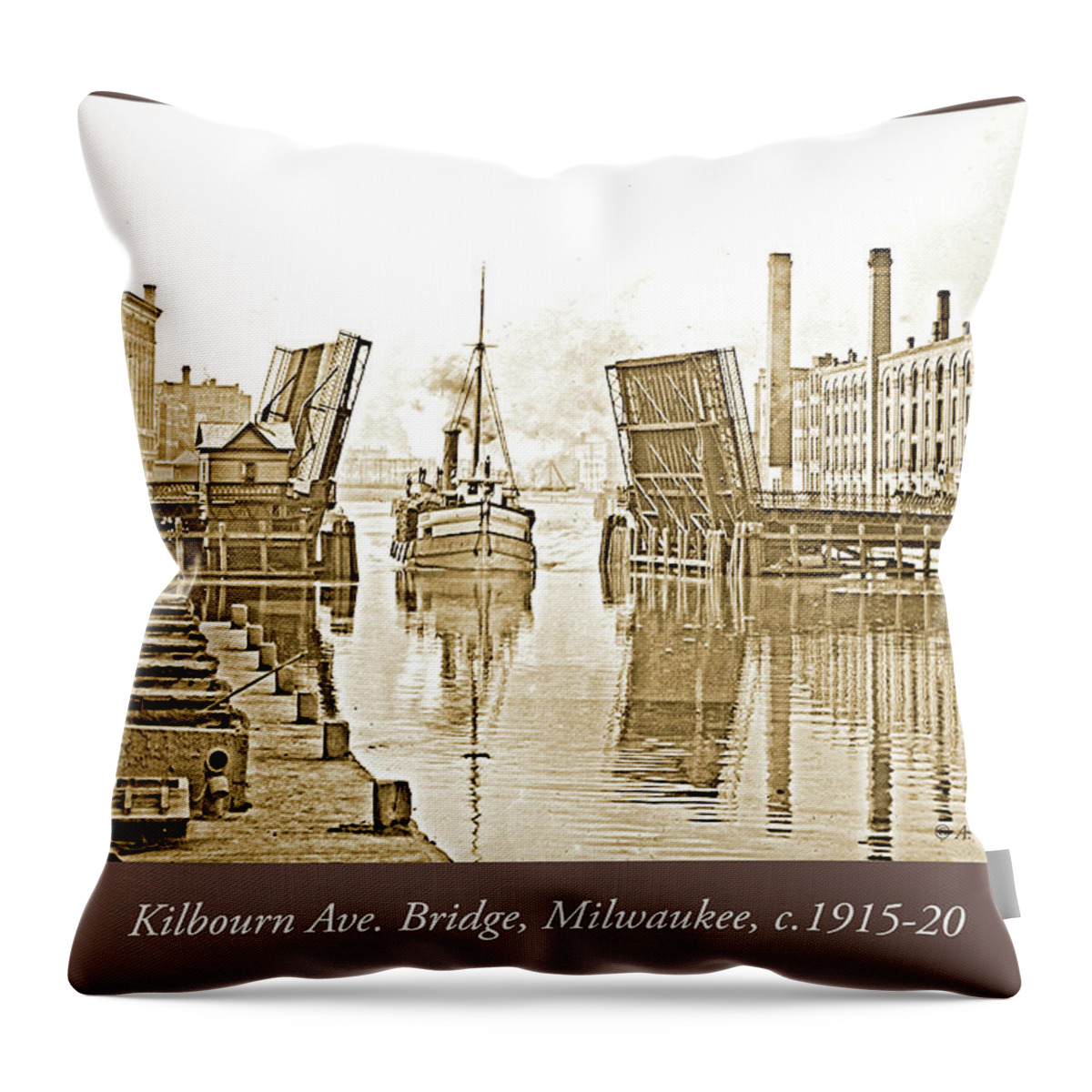 Vintage Photograph Throw Pillow featuring the photograph Kilbourn Avenue Bridge, Milwaukee, Wisconsin, 1915-1920, Vintage #3 by A Macarthur Gurmankin