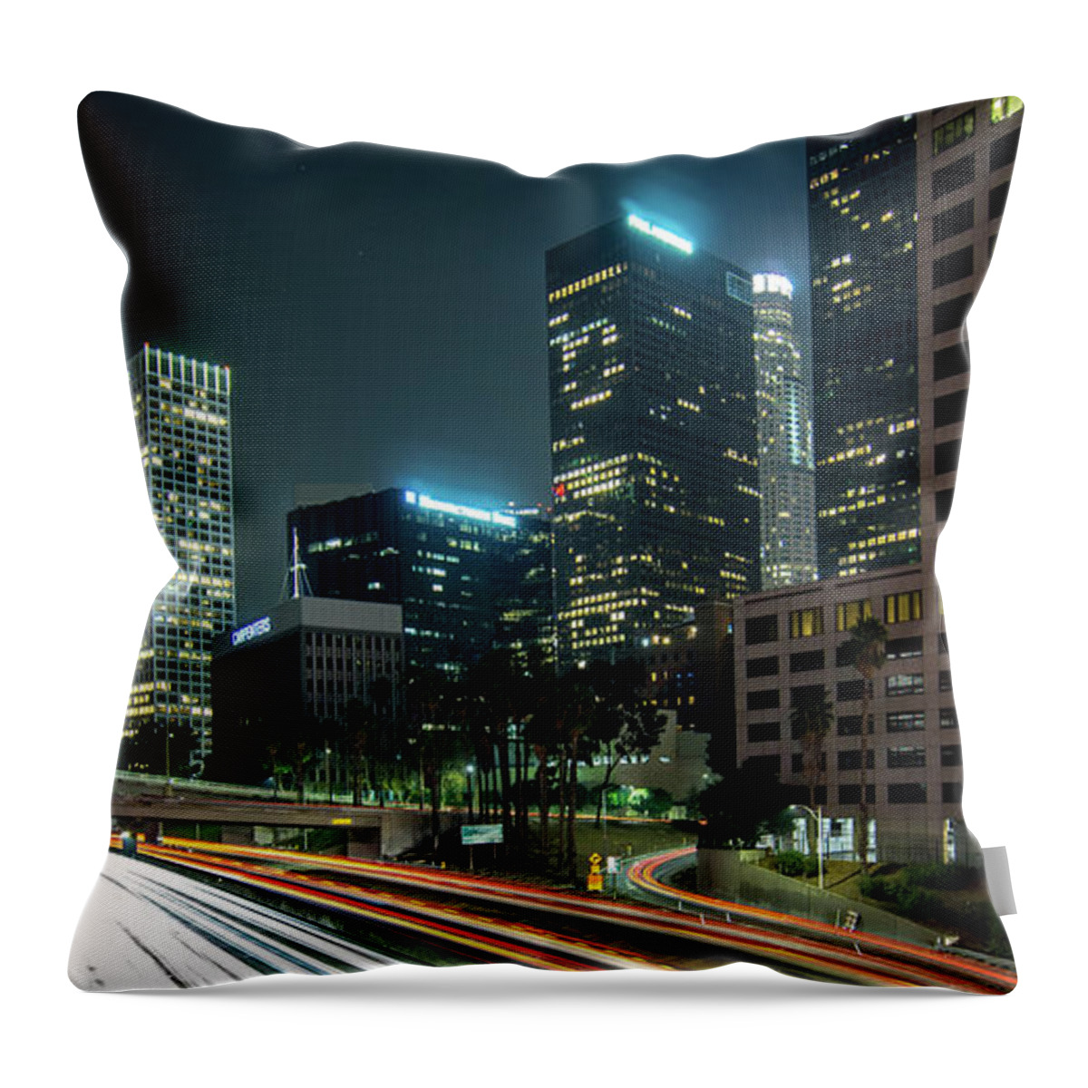 Sunset Throw Pillow featuring the photograph Los Angeles, Urban City at Sunset with Freeway Trafic #3 by Alex Grichenko