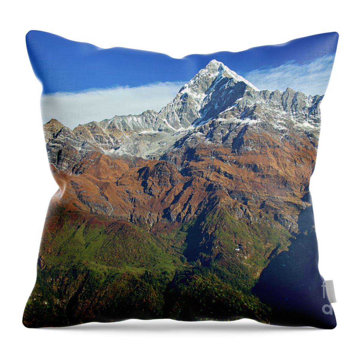 Himalaya Throw Pillow featuring the photograph Machapuchare mountain Fishtail in Himalayas range Nepal #3 by Raimond Klavins