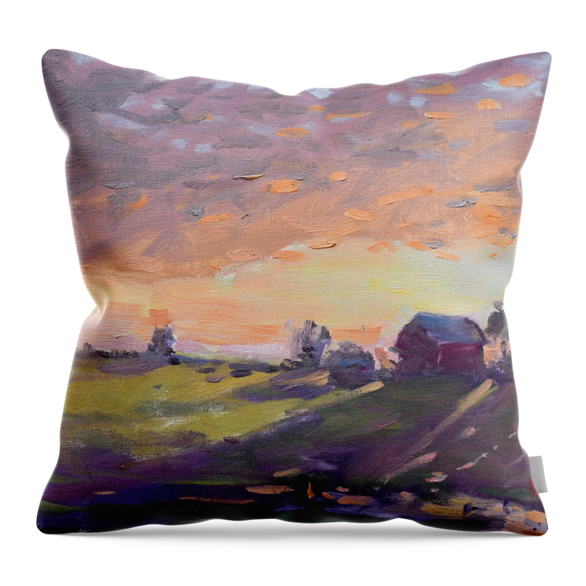 Farm Throw Pillow featuring the painting Sunset Over the Farm #3 by Ylli Haruni