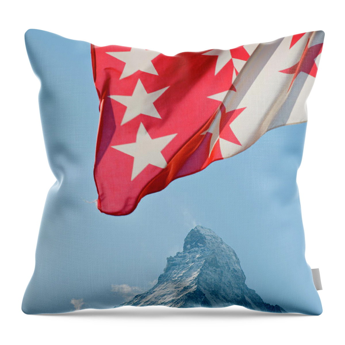 Ip_10237849 Throw Pillow featuring the photograph View Of Matterhorn Mountain And Valais Flag In Switzerland #3 by Jalag / Walter Schmitz