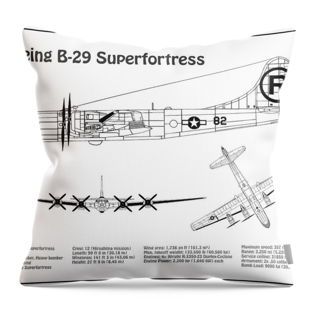 B-29 Throw Pillow featuring the drawing B-29 Superfortress Enola Gay - Airplane Blueprint. Drawing Plans for the Boeing B-29 Superfortress #4 by SP JE Art