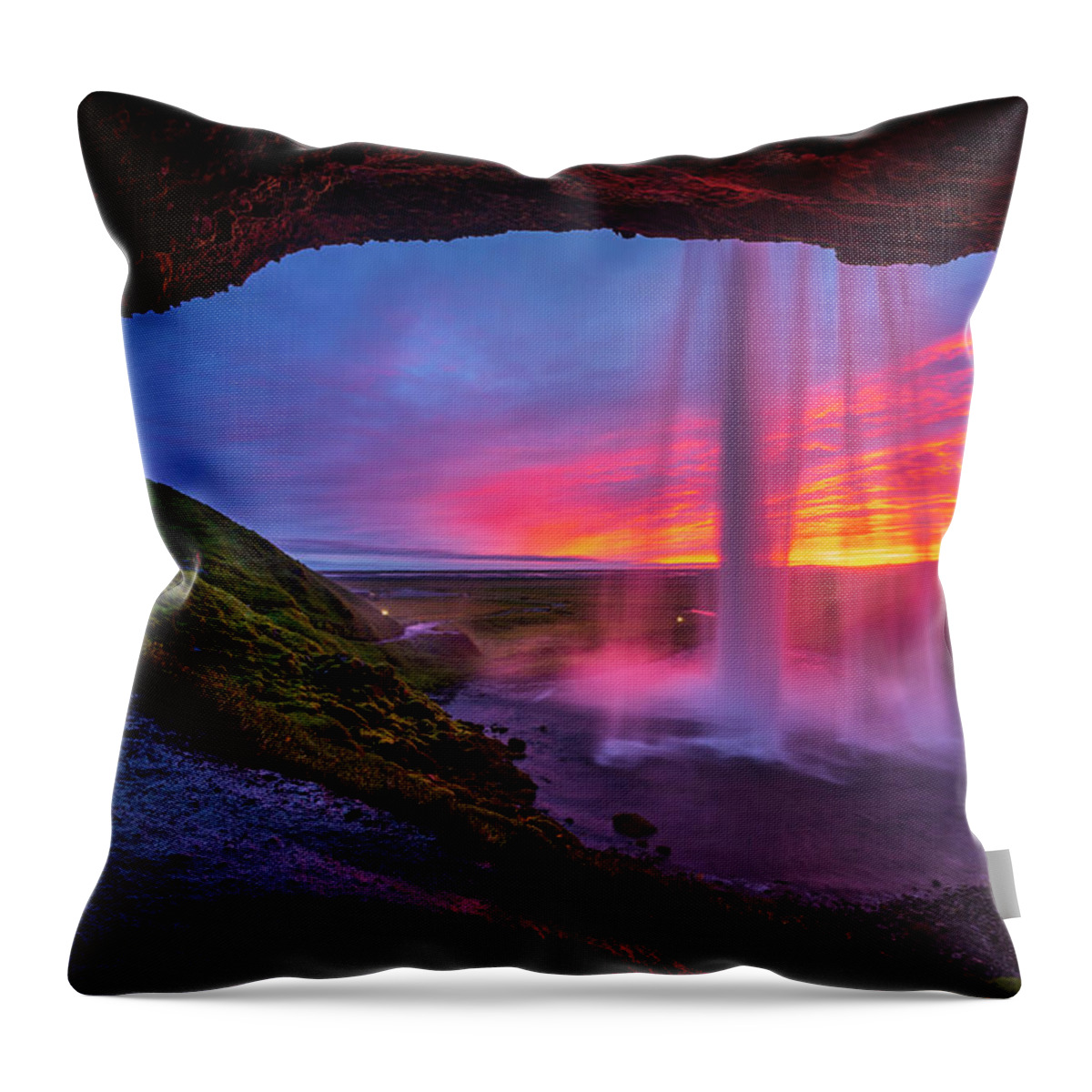 Estock Throw Pillow featuring the digital art Iceland, South Iceland, Suwurland, Sunset From The Footpath Behind Seljalandsfoss Waterfall #4 by Sebastian Wasek