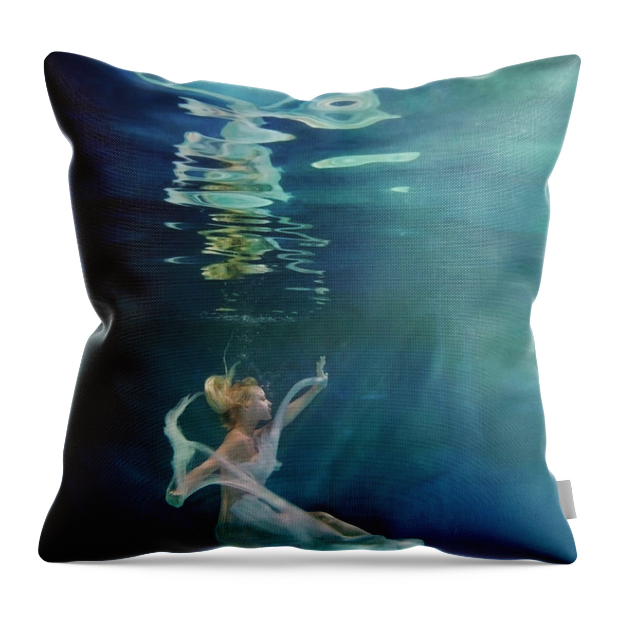 Tranquility Throw Pillow featuring the photograph Caucasian Woman In Dress Swimming Under #5 by Ming H2 Wu