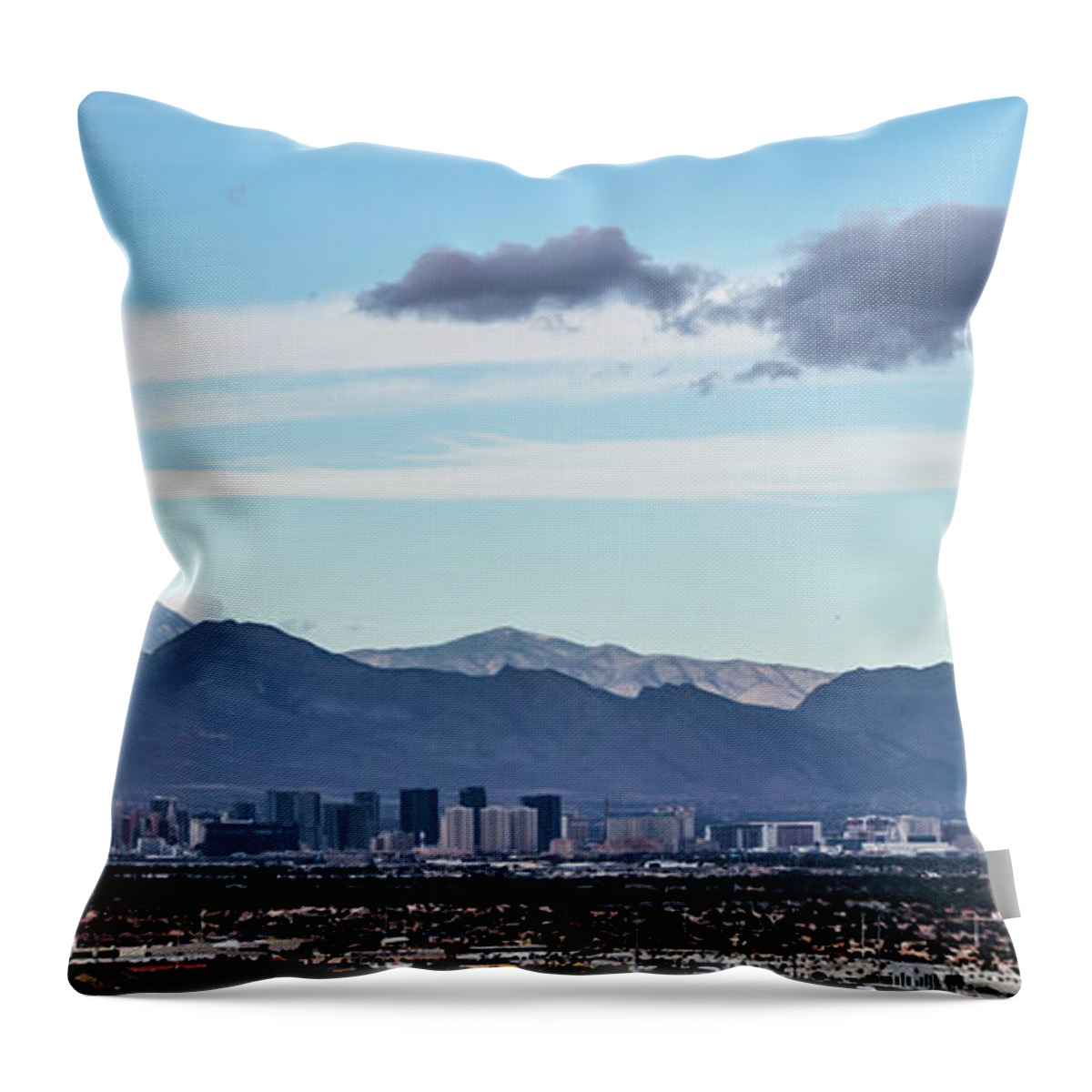 Strip Throw Pillow featuring the photograph Las vegas city surrounded by red rock mountains and valley of fi #5 by Alex Grichenko