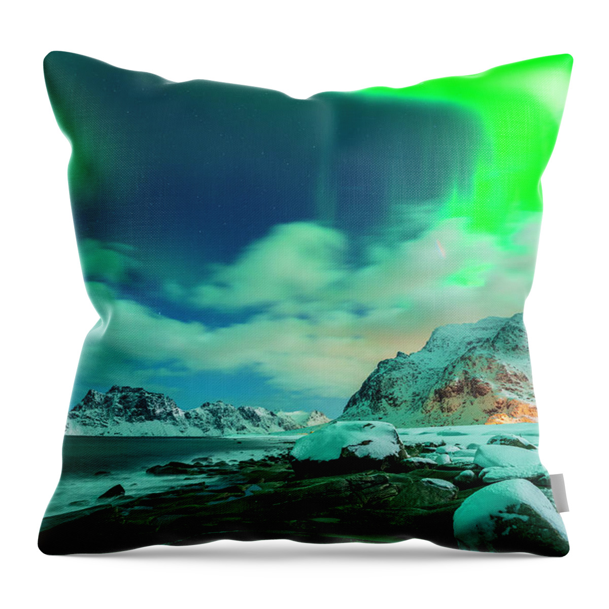 Estock Throw Pillow featuring the digital art Norway, Nordland, Lofoten Islands, Vestvagoy, Uttakleiv Beach By Night With Aurora Borealis #5 by Sebastian Wasek
