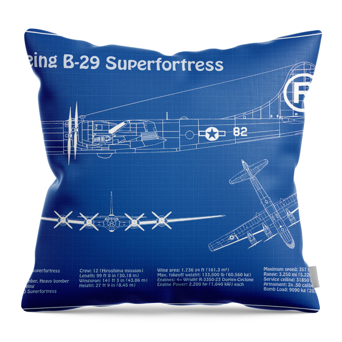 B-29 Throw Pillow featuring the drawing B-29 Superfortress Enola Gay - Airplane Blueprint. Drawing Plans for the Boeing B-29 Superfortress #6 by SP JE Art