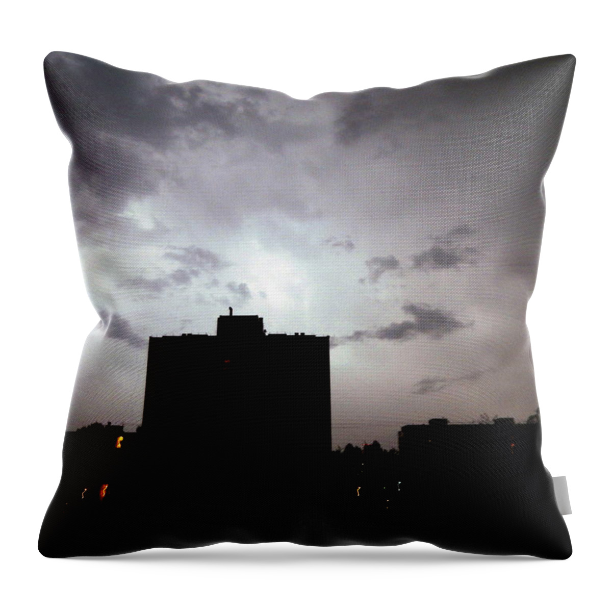 Storm Throw Pillow featuring the photograph Lightning and thunder at night in the city it's raining #9 by Oleg Prokopenko