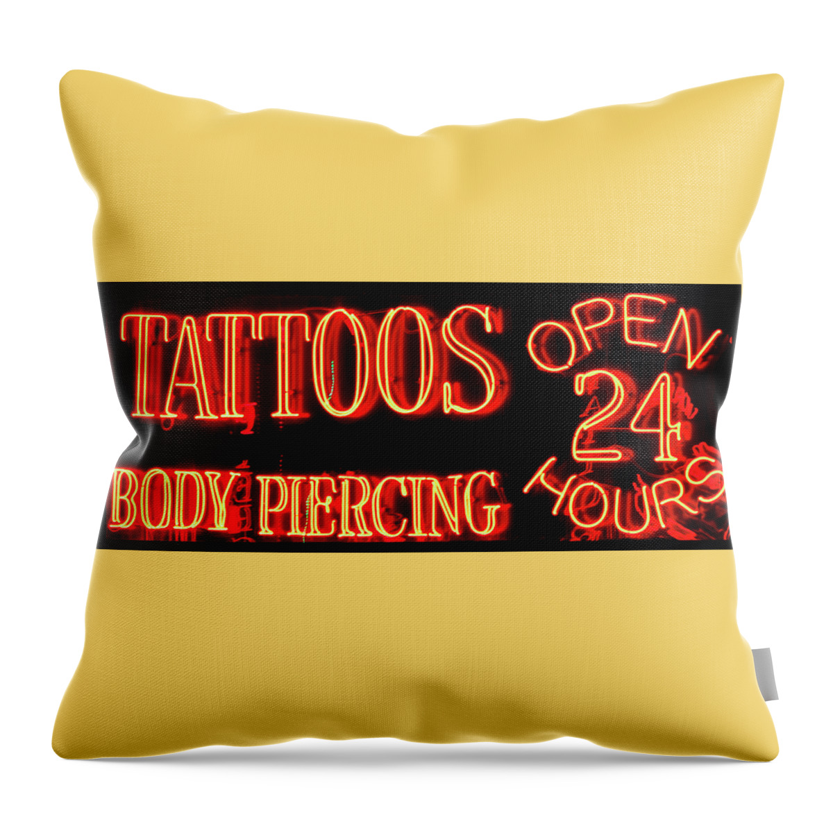 Object Throw Pillow featuring the photograph A 24 Hour Tattoo Parlor Neon Sign by Derrick Neill