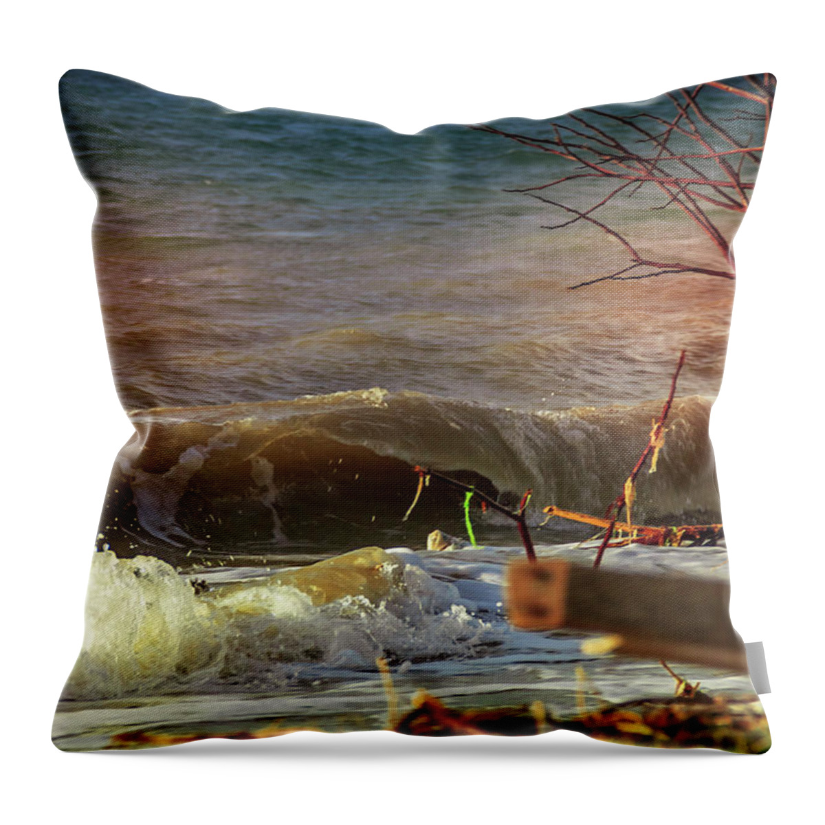 Wave Throw Pillow featuring the photograph a beautiful afternoon on Kampung Nelayan beach by Mangge Totok