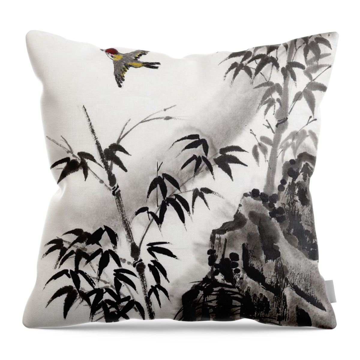 Scenics Throw Pillow featuring the digital art A Bird And Bamboo Leaves, Ink Painting by Daj