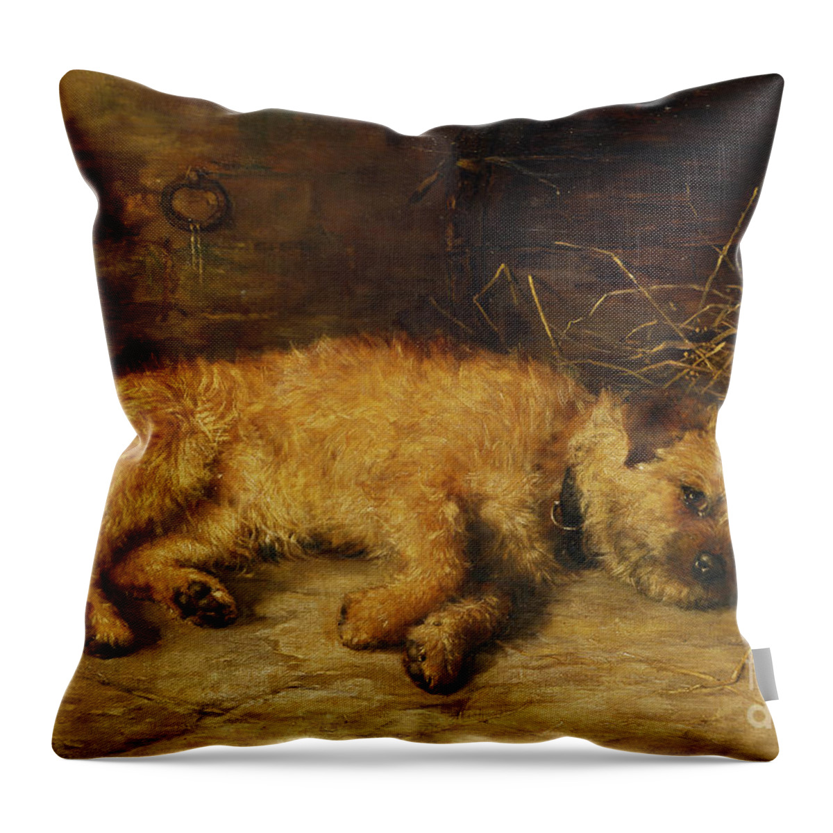 Dog Throw Pillow featuring the painting A Border Terrier Puppy, 1884 by Philip Eustace Stretton