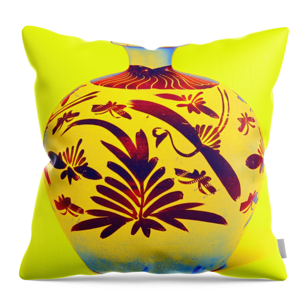 Pottery Throw Pillow featuring the painting A CIZHOU BLACK-PAINTED 'BIRD AND FLOWER' TULU VASE SONG DYNASTY Neon art by Ahmet Asar by Celestial Images