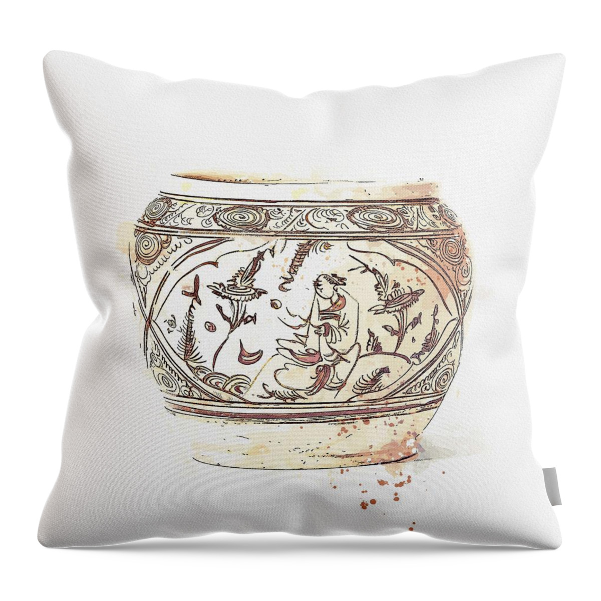 Pottery Throw Pillow featuring the painting A CIZHOU PAINTED FIGURAL JAR MING DYNASTY 1368-1644 watercolor by Ahmet Asar by Celestial Images