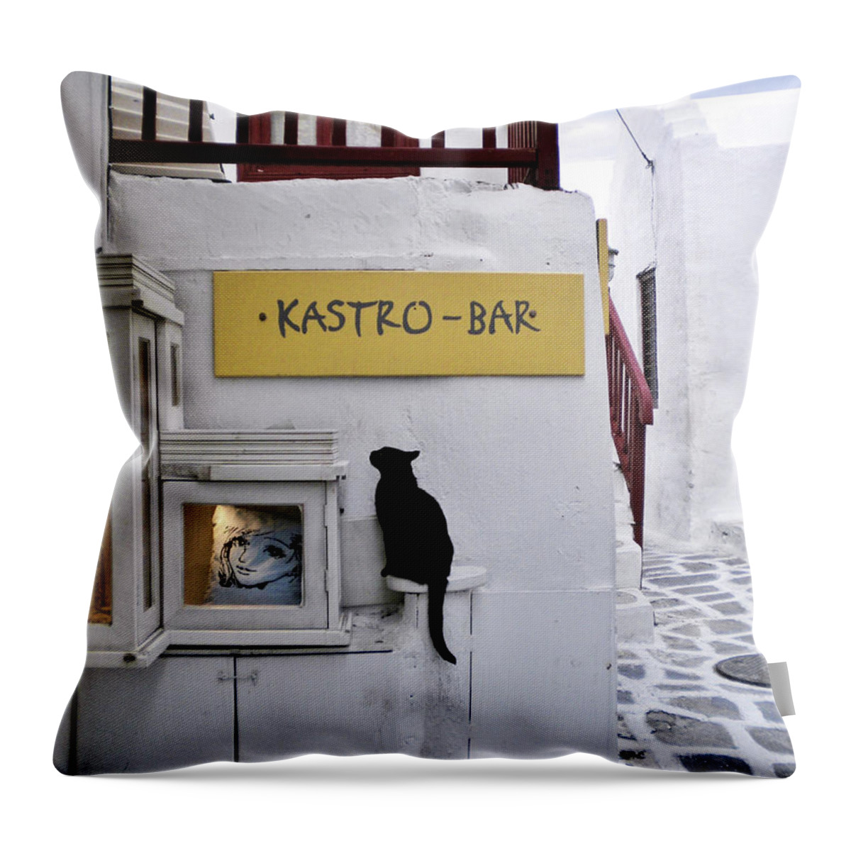Cat Throw Pillow featuring the photograph A Curious Cat in Mykonos by Marilyn MacCrakin