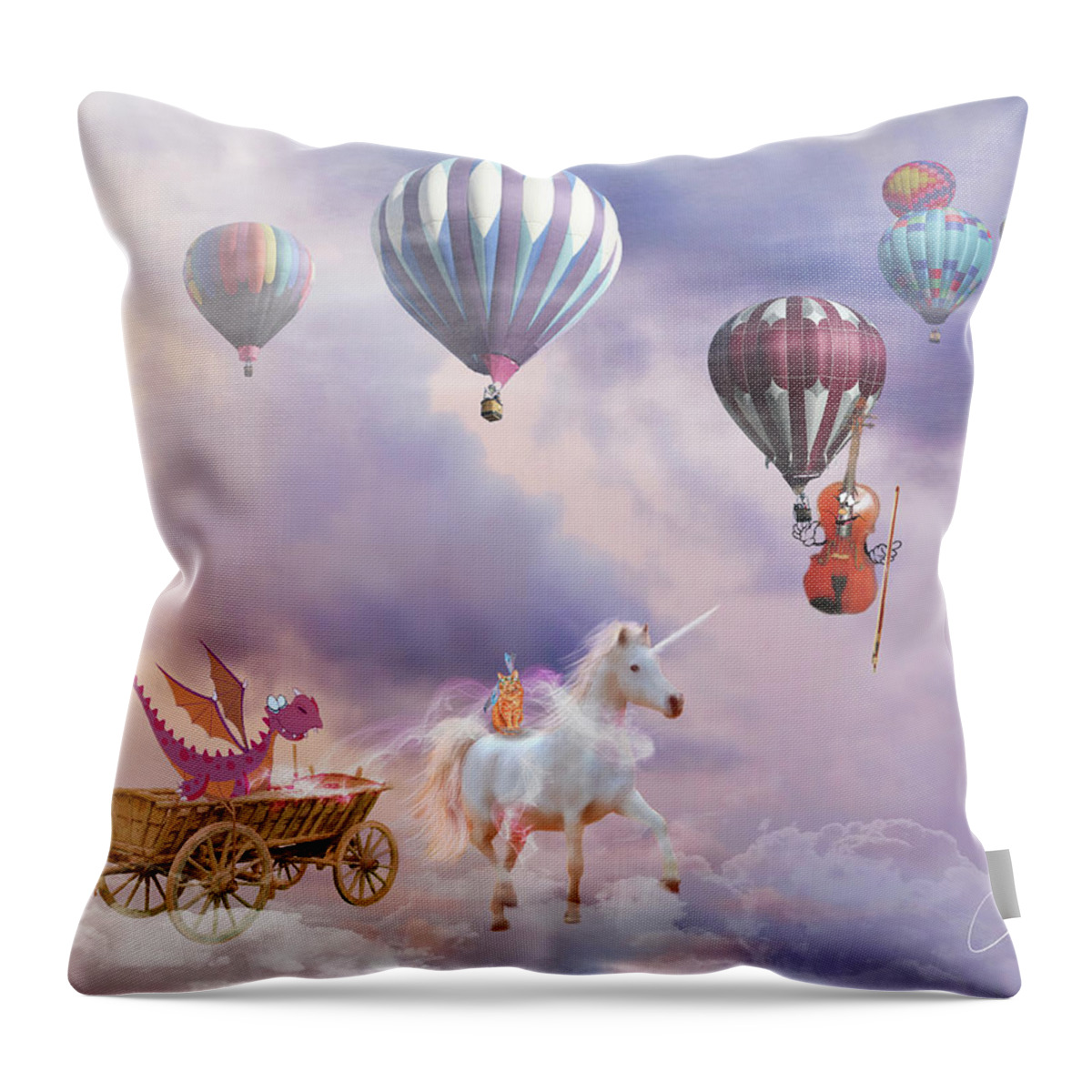 Children's Books Throw Pillow featuring the mixed media A Dragon in a Unicorn Wagon by Colleen Taylor
