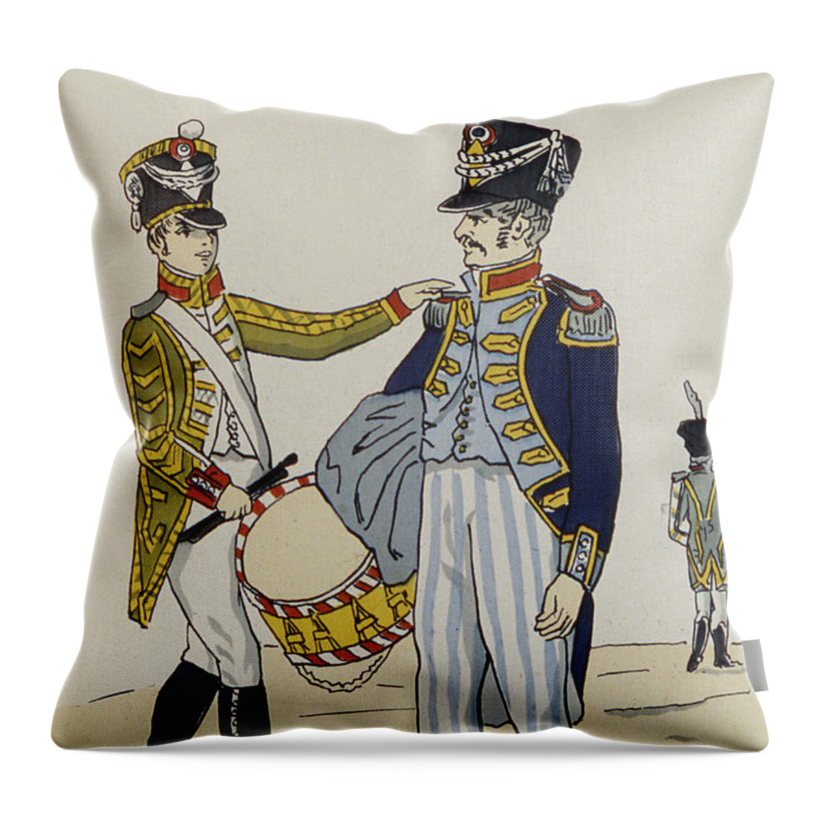 Drummer Throw Pillow featuring the drawing A Drummer and Master Baker of the Prefectural Guard of Hamburg by Christoph Suhr