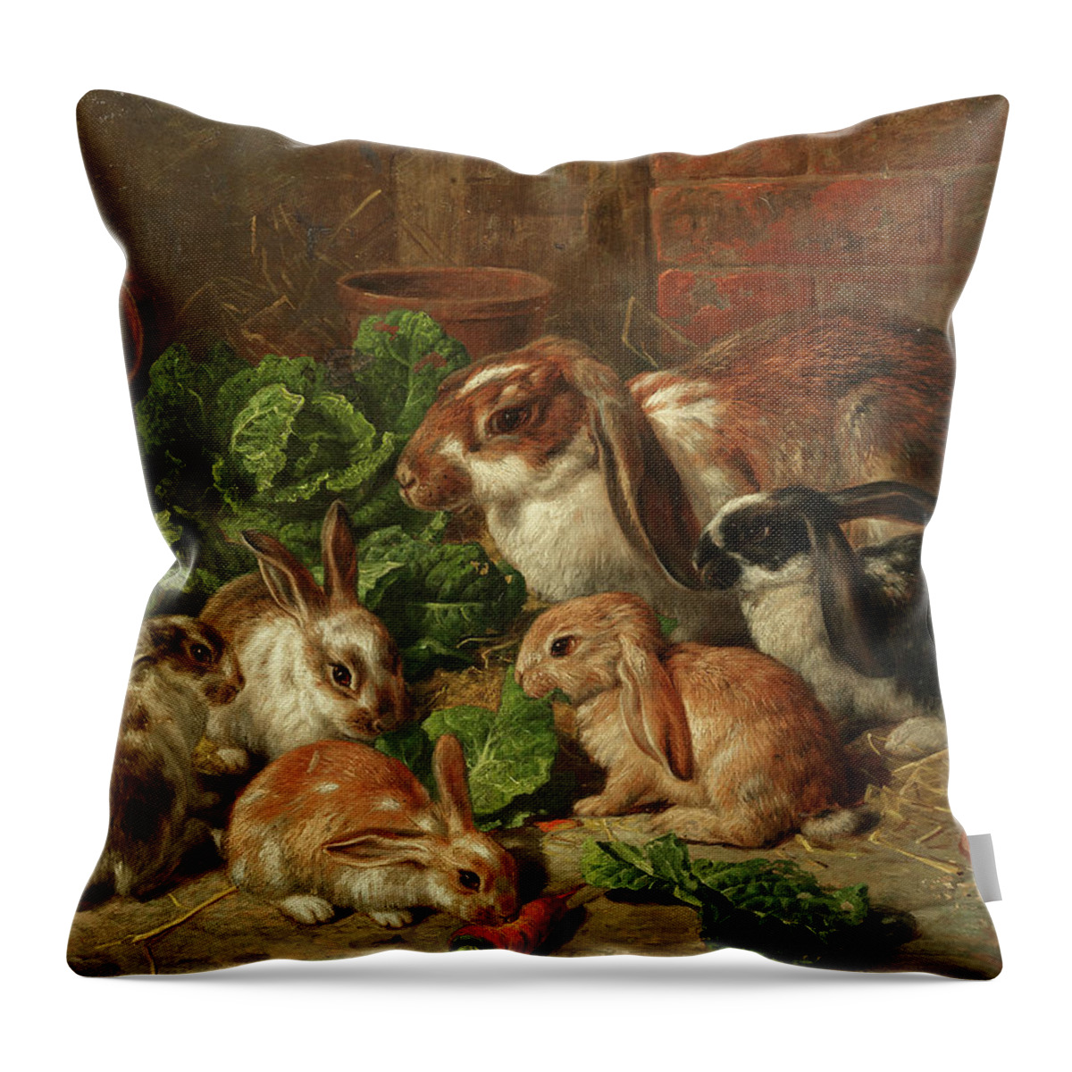 Family Of Rabbits Throw Pillow featuring the painting A Family of Rabbits by Alfred Richardson Barber