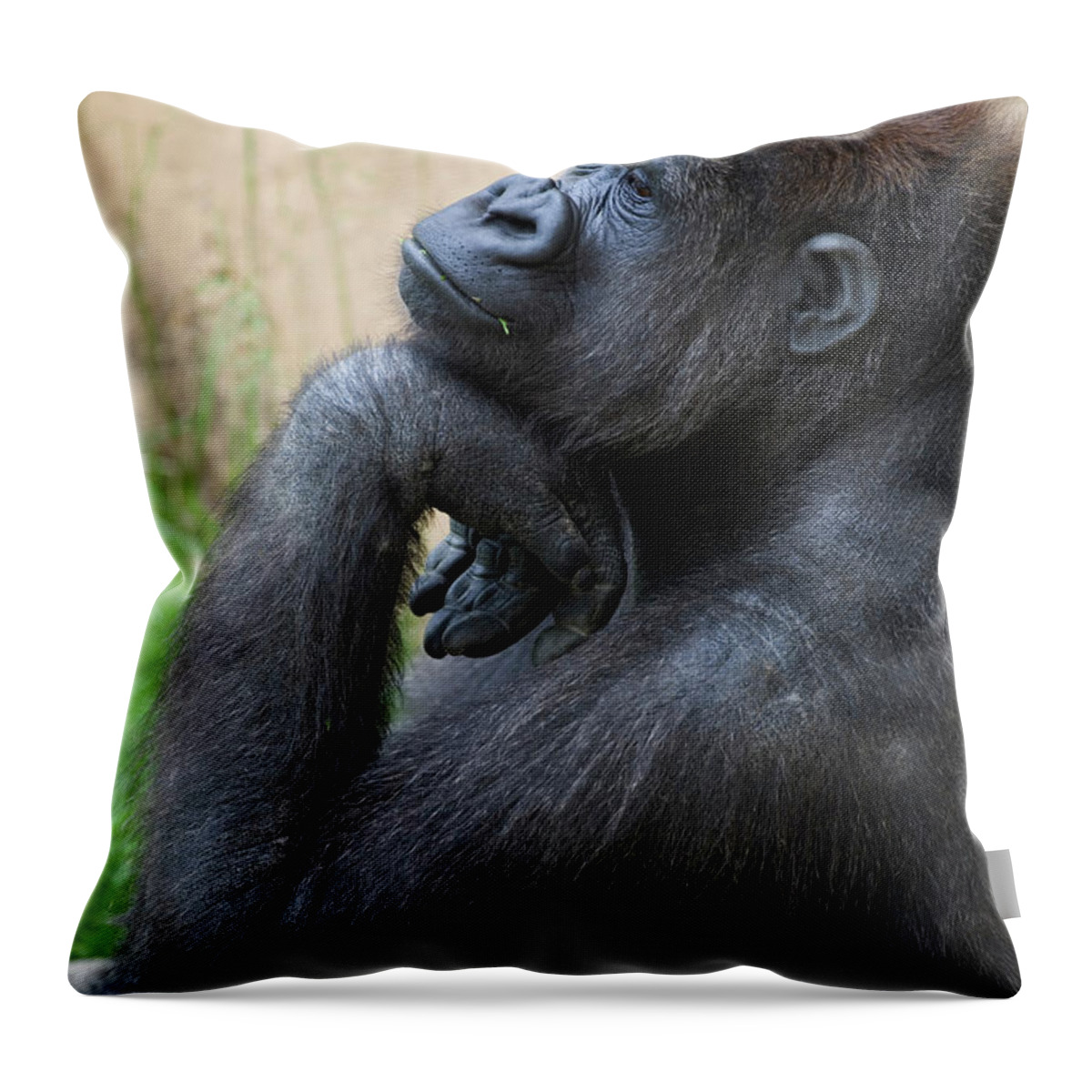 Three Quarter Length Throw Pillow featuring the photograph A Gorilla Sits In A Thinking Position by Michael Interisano / Design Pics