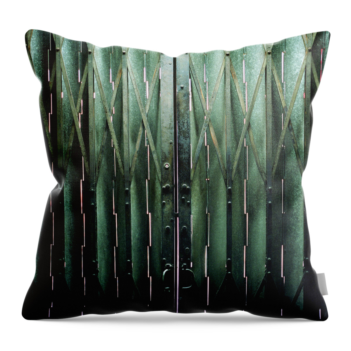 Shutter Throw Pillow featuring the photograph A Greenish Steel Gate Of A 50 Years Old by Kevin Liu