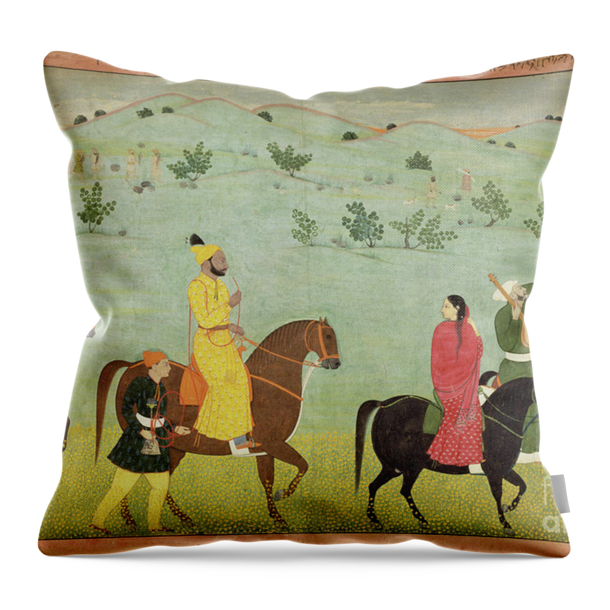 Horse Throw Pillow featuring the painting A Jasrota Prince, Possibly Balwant Singh, On A Riding Expedition, By Nainsukh by Indian School