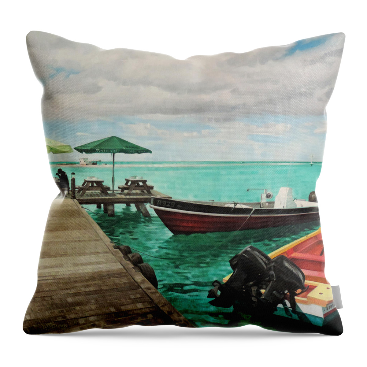 Jamaica Ocean Sea Breeze Holiday Vacation Fine Art Oil Painting Boats Seashore Pier Jamaican Sunlight Throw Pillow featuring the painting Holiday In Aruba by T S Carson