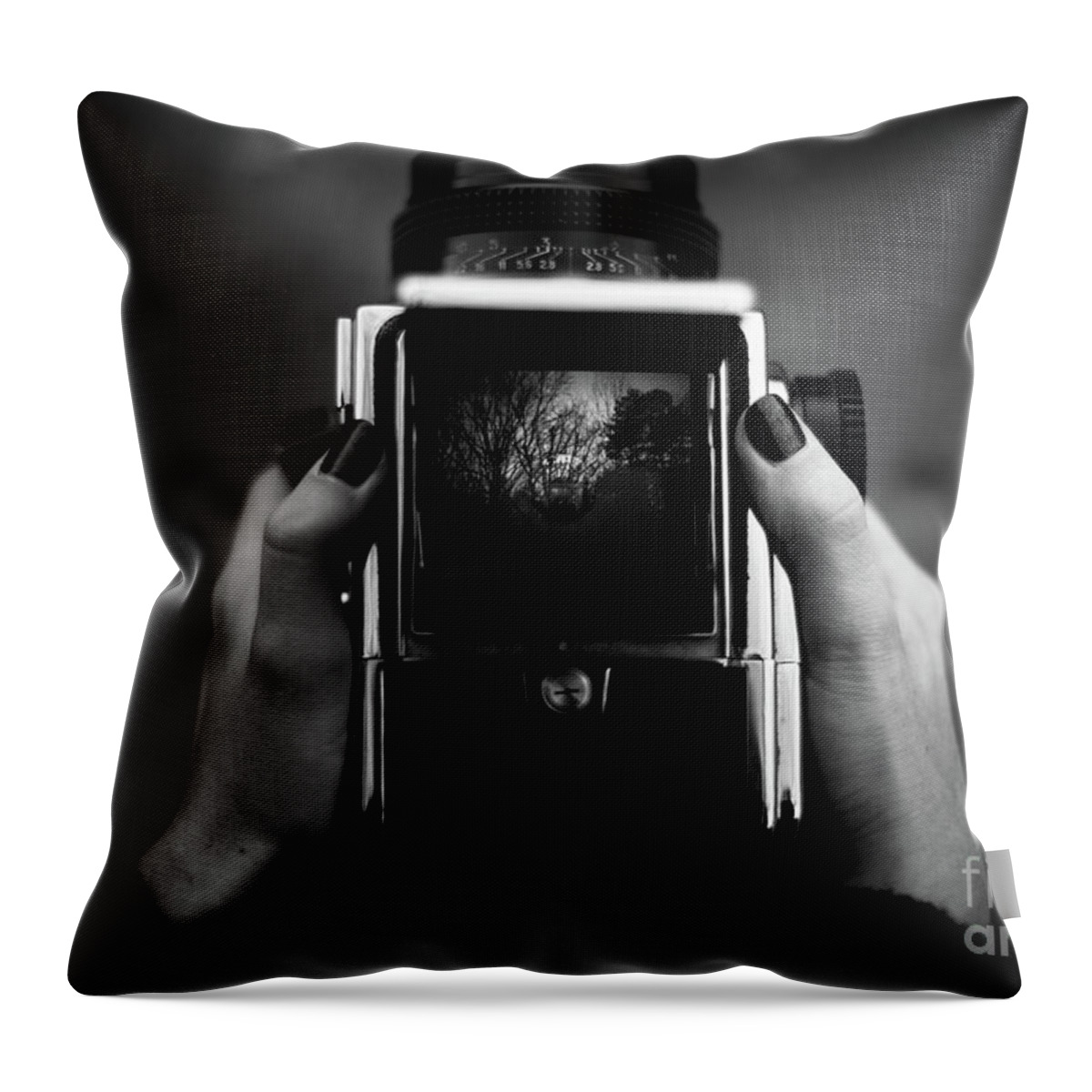 People Throw Pillow featuring the photograph A Person Holding A Vintage Camera by Cornelia Pavlyshyn