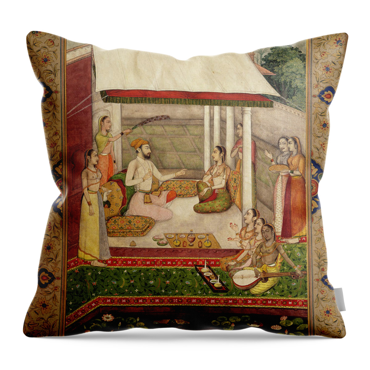 Fresco Throw Pillow featuring the painting A Prince And Princess Listening To Music by Indian School