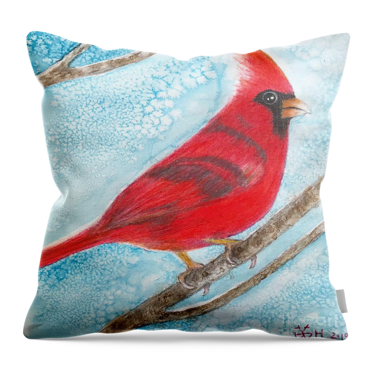 Red Bird Throw Pillow featuring the mixed media A red bird by Wonju Hulse