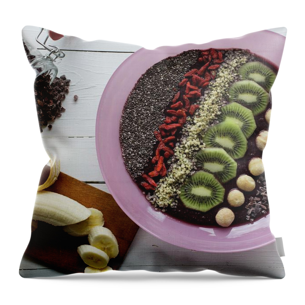 Ip_11435665 Throw Pillow featuring the photograph A Smoothie Bowl With Acai Berries And Super Foods seen From Above by Nicole Godt