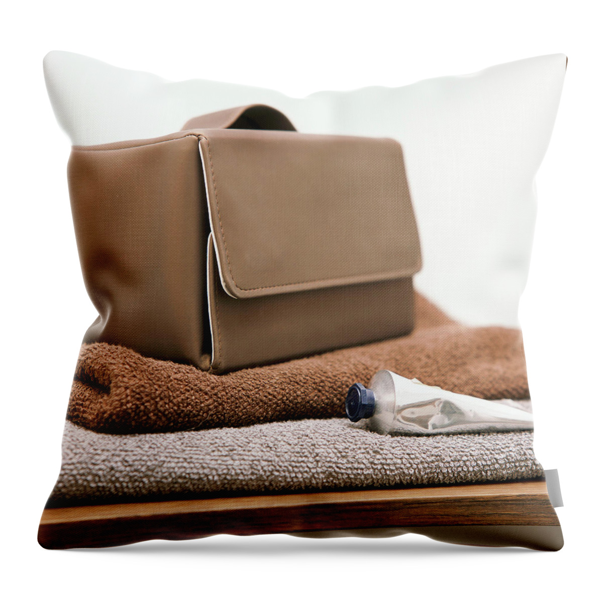 Ip_00340361 Throw Pillow featuring the photograph A Sponge Bag On Towels by Luc Wauman